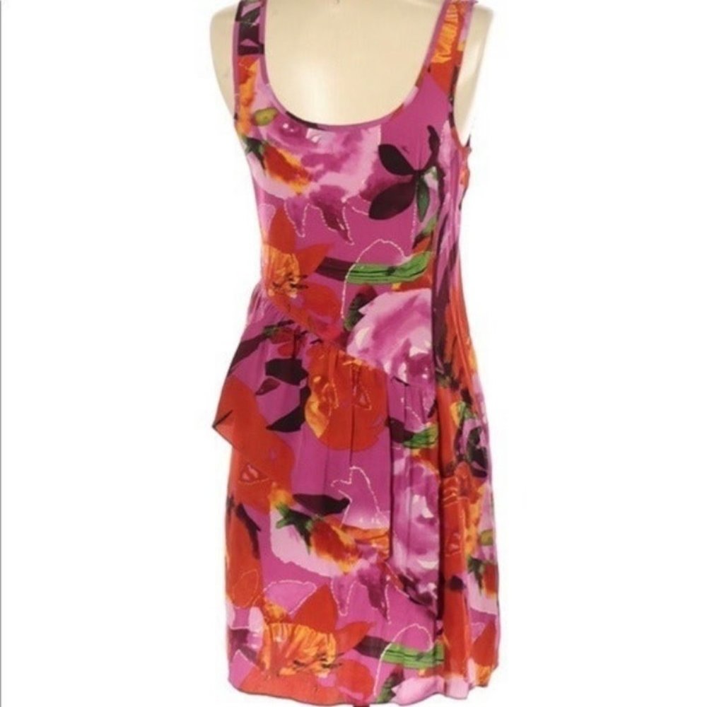 $248 Anthropologie Trina Turk 2 Tropical Rachelle Mini Dress Silk Pink Orange